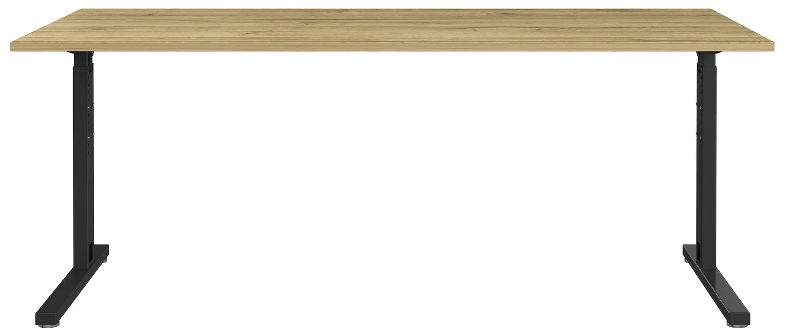 Moderner Schreibtisch mit Holzplatte und schwarzen Metallbeinen, Frontalansicht