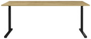 Moderner Schreibtisch mit Holzplatte und schwarzen Metallbeinen, Frontalansicht