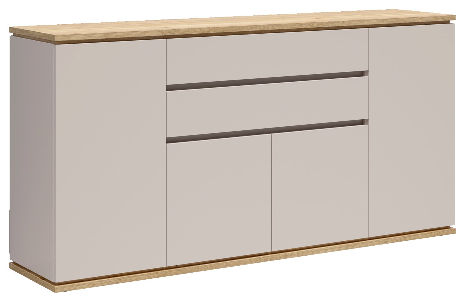 XORA Sideboard YAMAEL Modernes Sideboard in Beige mit Holzdeckplatte und Holzsockel, zwei Schubladen und mehreren Türen, freigestellt auf weißem Hintergrund, in schräger Frontansicht von links.