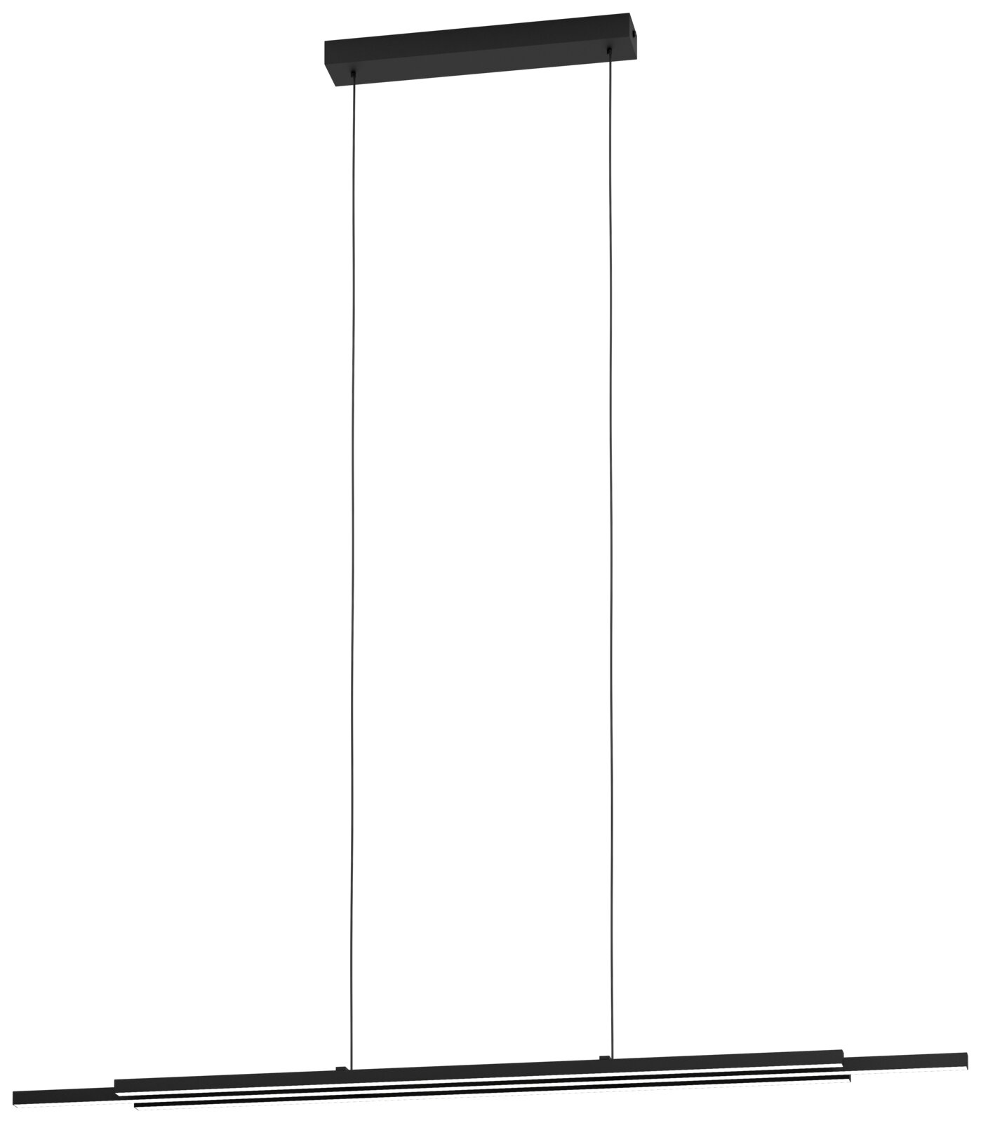 Schwarze, minimalistische LED-Pendelleuchte mit langem, schlankem Lichtbalken und zwei Abhängeseilen, Frontansicht leicht von unten.