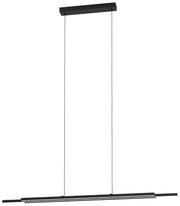 Schwarze, minimalistische LED-Pendelleuchte mit langem, schlankem Lichtbalken und zwei Abhängeseilen, Frontansicht leicht von unten.