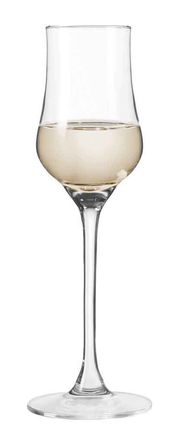 Elegantes Grappaglas Ciao+ 85ml, frontal abgebildet, gefüllt mit hellem Getränk.