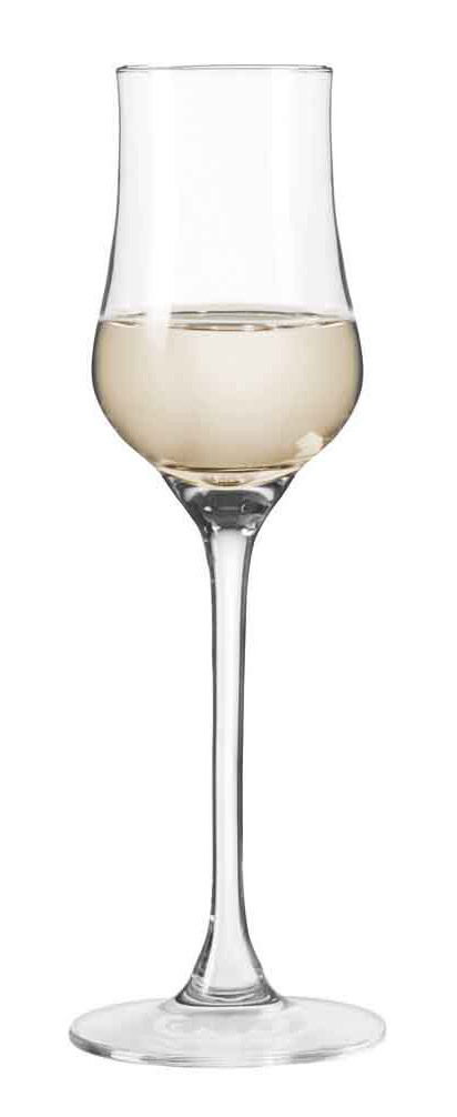 Elegantes Grappaglas Ciao+ 85ml, frontal abgebildet, gefüllt mit hellem Getränk.