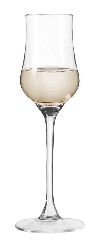 Elegantes Grappaglas Ciao+ 85ml, frontal abgebildet, gefüllt mit hellem Getränk.
