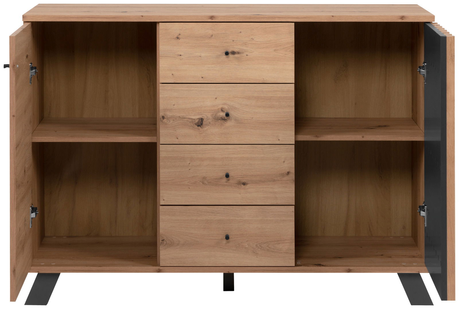 Kommode aus Holz mit drei Schubladen in der Mitte und zwei offenen Fächern an den Seiten, frontale Ansicht