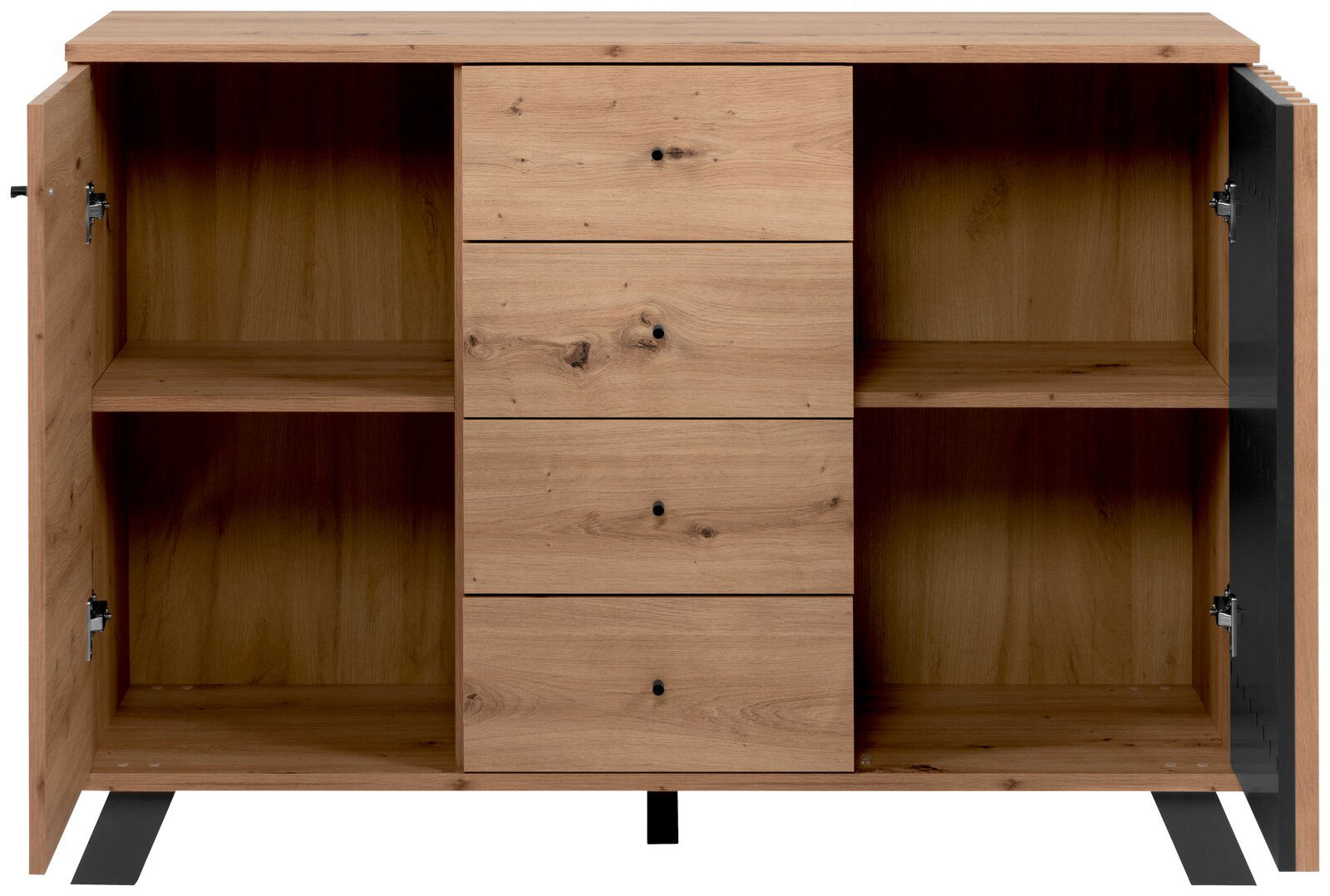 Kommode aus Holz mit drei Schubladen in der Mitte und zwei offenen Fächern an den Seiten, frontale Ansicht