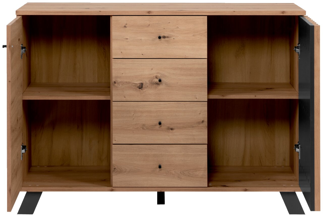 Kommode aus Holz mit drei Schubladen in der Mitte und zwei offenen Fächern an den Seiten, frontale Ansicht