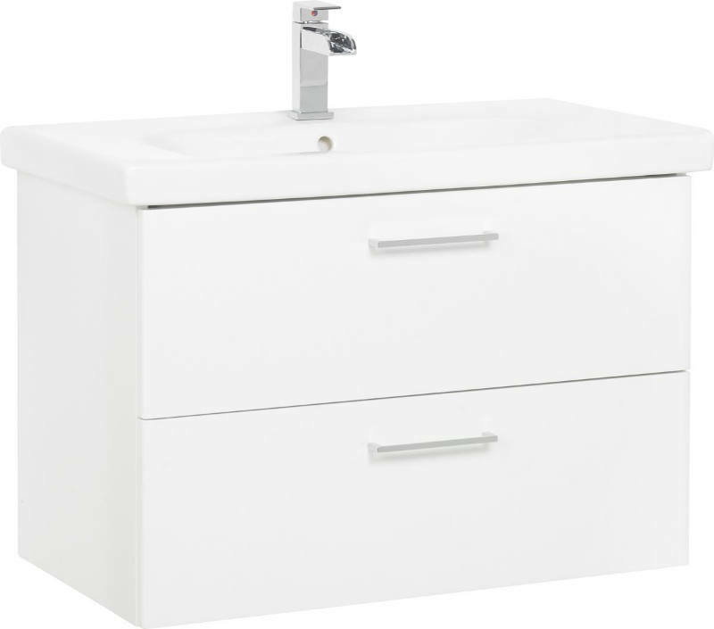 XORA Waschtischlösung CARINA Moderner weißer Waschtisch mit zwei Schubladen und Chromarmatur, seitliche Perspektive