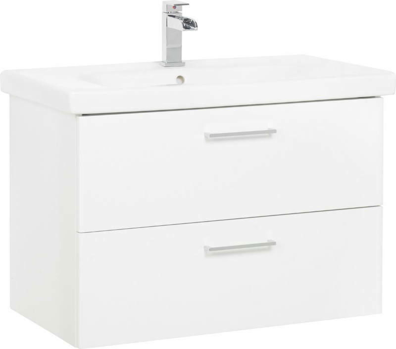 Moderner weißer Waschtisch mit zwei Schubladen und Chromarmatur, seitliche Perspektive