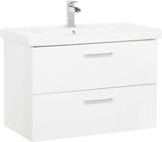 Moderner weißer Waschtisch mit zwei Schubladen und Chromarmatur, seitliche Perspektive