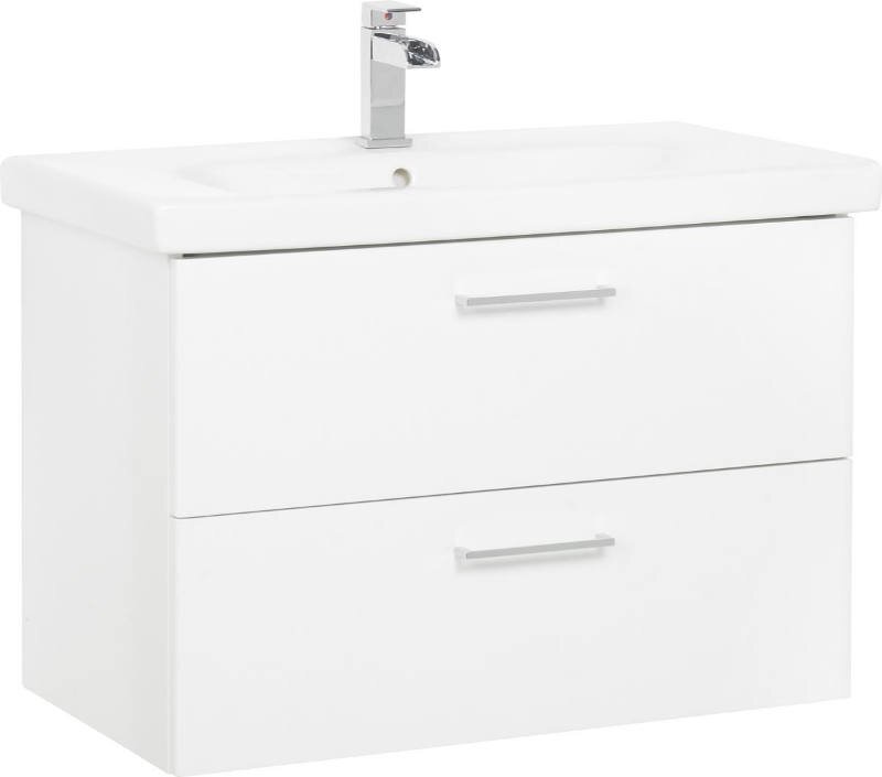 XORA Waschtischlösung CARINA Moderner weißer Waschtisch mit zwei Schubladen und Chromarmatur, seitliche Perspektive
