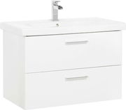 Moderner weißer Waschtisch mit zwei Schubladen und Chromarmatur, seitliche Perspektive