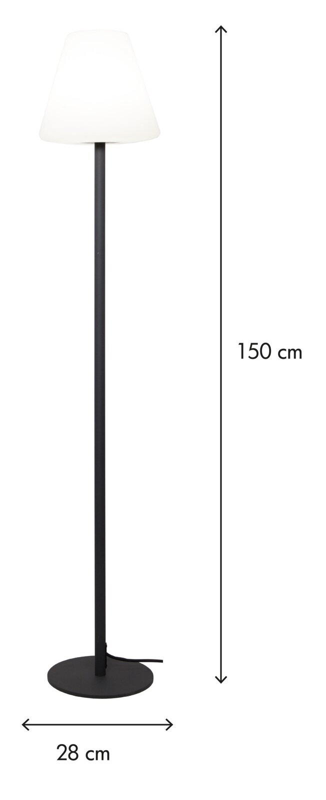 Schwarze Stehlampe mit weißem, konischem Lampenschirm und rundem Standfuß, Höhe 150 cm und Fußdurchmesser 28 cm, freigestellt auf weißem Hintergrund in Frontalansicht.