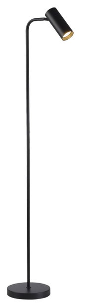 Schwarze, minimalistische Stehleuchte mit zylindrischem Lampenkopf und rundem Standfuß, warmgoldenem Innenreflektor, freigestellt auf weißem Hintergrund, seitliche Ansicht (3/4-Perspektive)