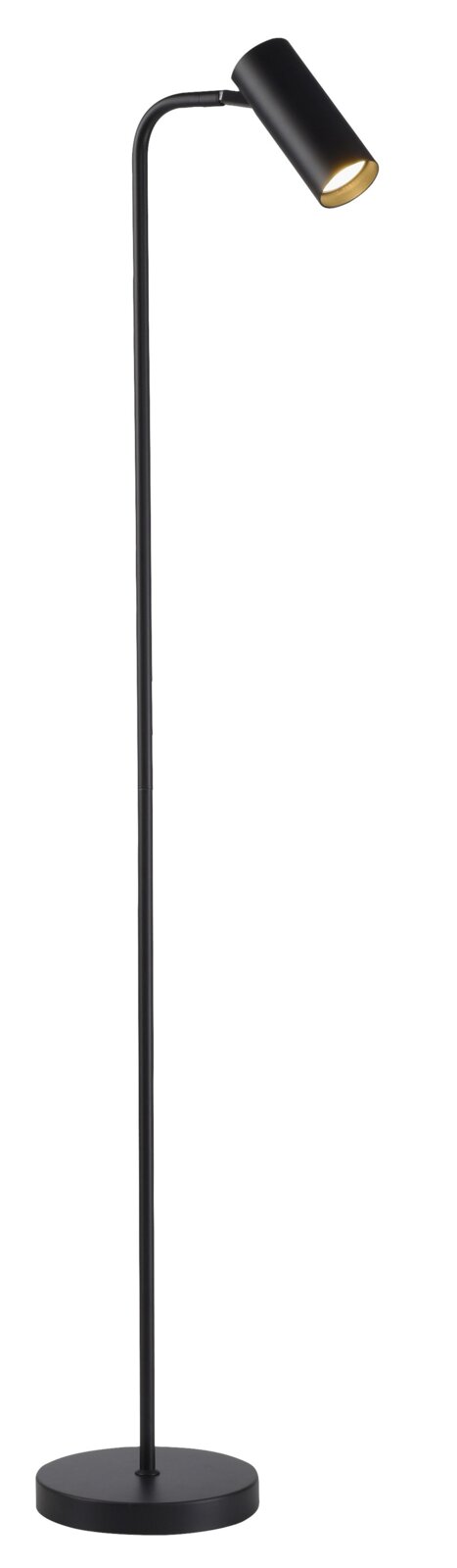 Schwarze, minimalistische Stehleuchte mit zylindrischem Lampenkopf und rundem Standfuß, warmgoldenem Innenreflektor, freigestellt auf weißem Hintergrund, seitliche Ansicht (3/4-Perspektive)