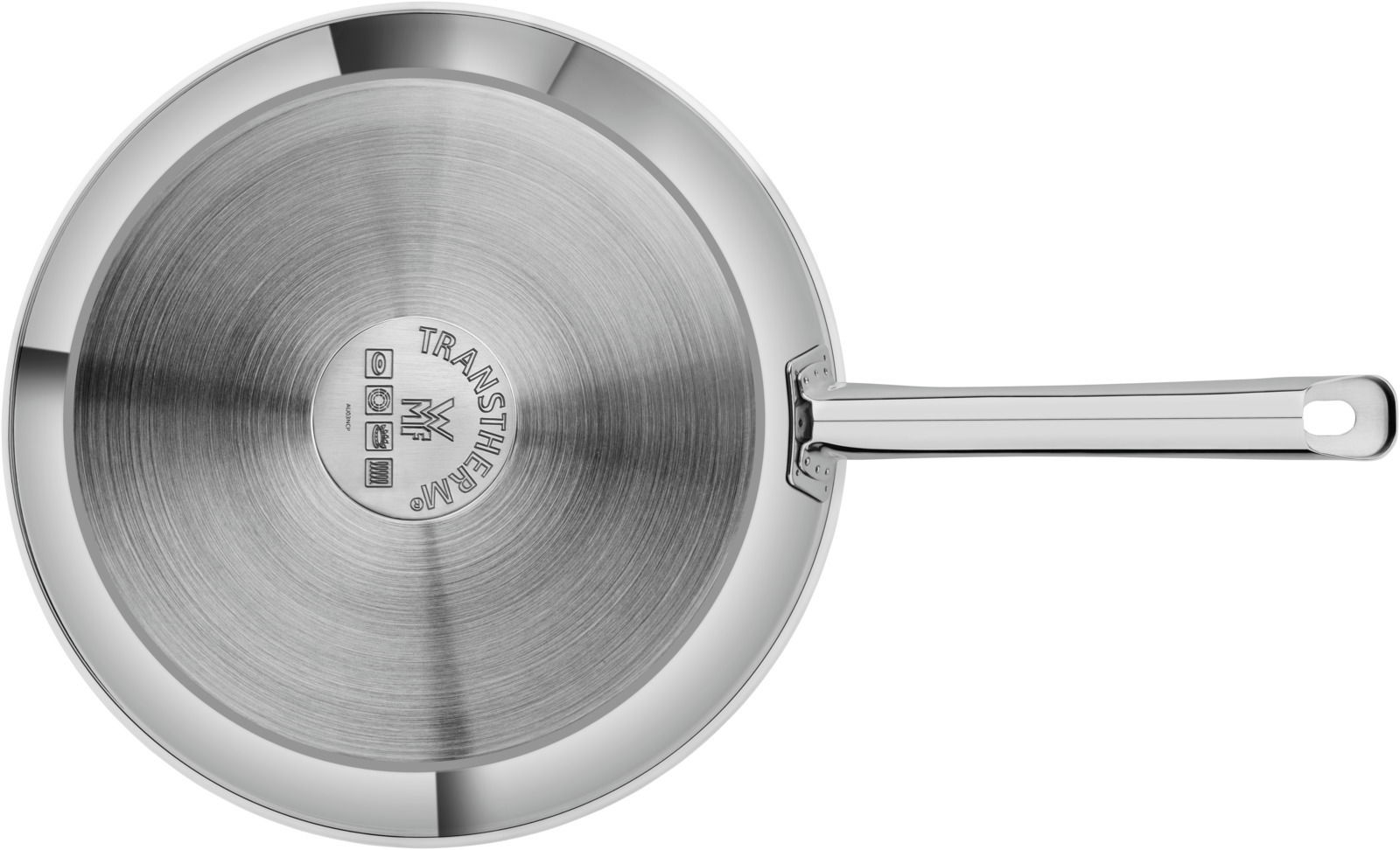 Pfanne aus Edelstahl mit langem Griff, Draufsicht