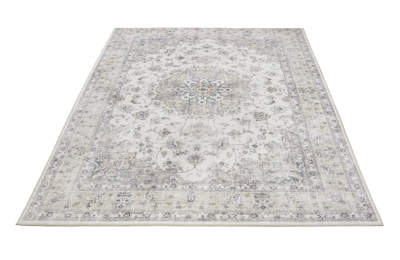 Orientteppich in Beige- und Grautönen mit floralem Muster, Perspektive von schräg oben