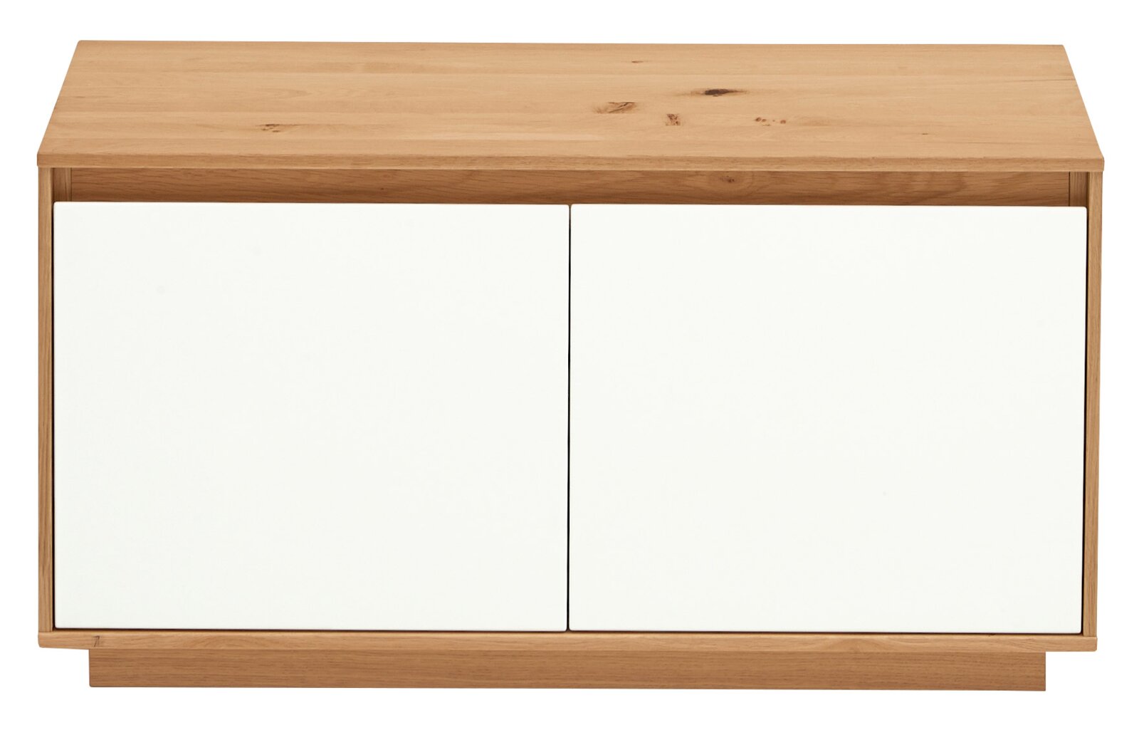 Modernes Sideboard aus hellem Holz mit zwei weißen, grifflosen Türen, Frontansicht auf weißem Hintergrund