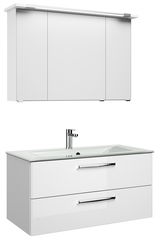 Moderner weißer Badblock mit Spiegelschrank und Waschbecken, Frontalansicht