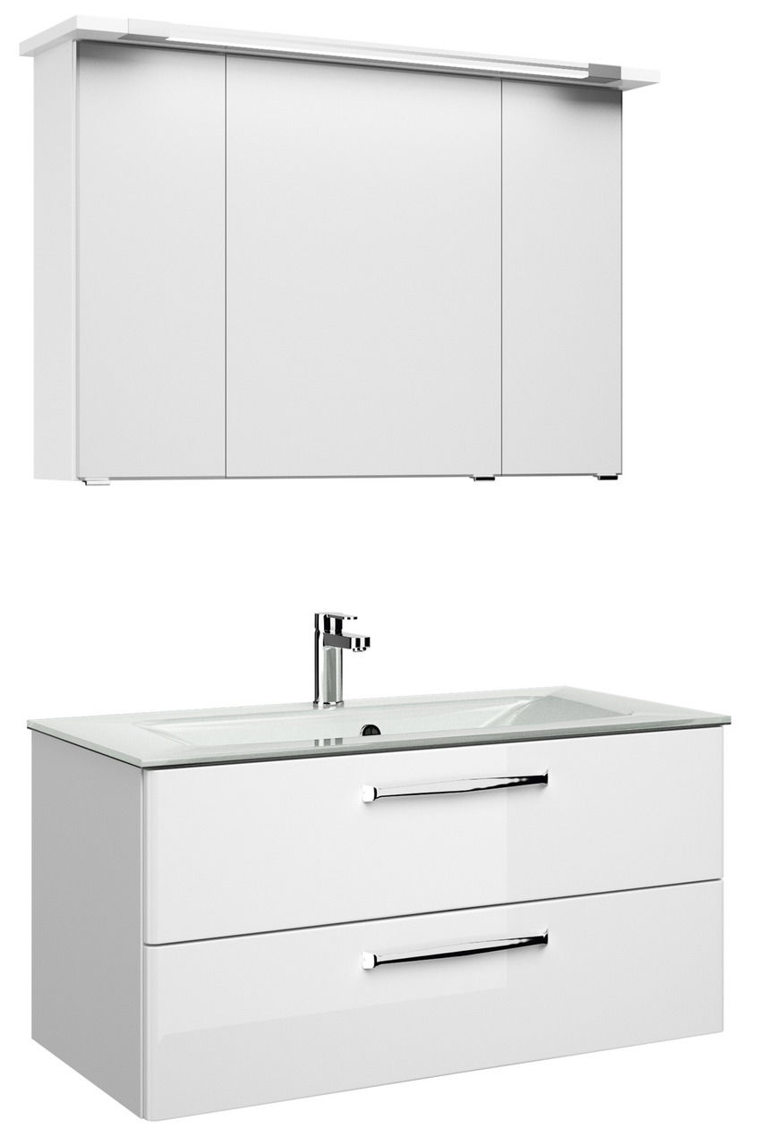 Moderner weißer Badblock mit Spiegelschrank und Waschbecken, Frontalansicht