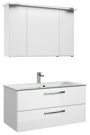 Moderner weißer Badblock mit Spiegelschrank und Waschbecken, Frontalansicht