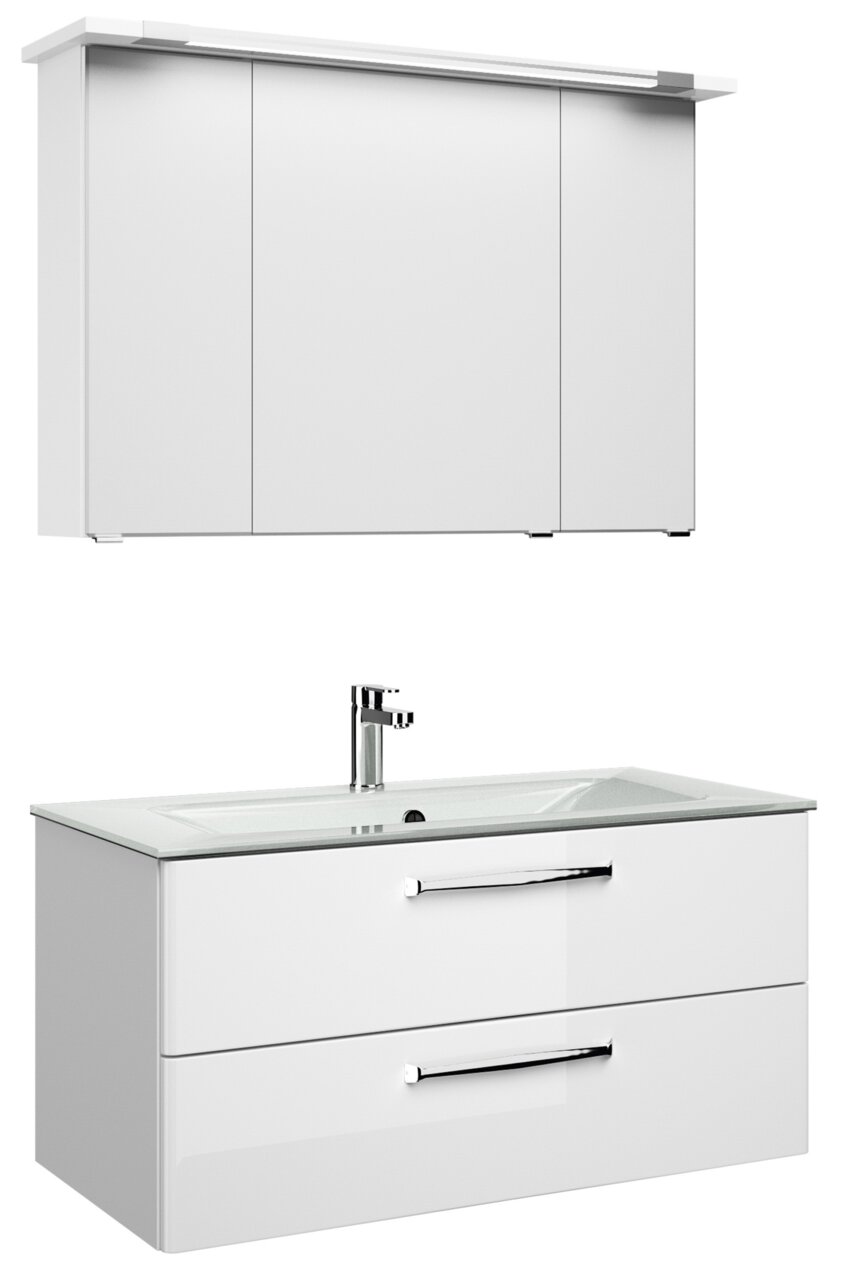 Moderner weißer Badblock mit Spiegelschrank und Waschbecken, Frontalansicht