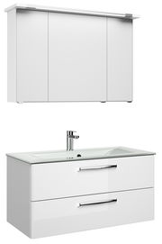 Moderner weißer Badblock mit Spiegelschrank und Waschbecken, Frontalansicht