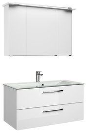 Moderner weißer Badblock mit Spiegelschrank und Waschbecken, Frontalansicht