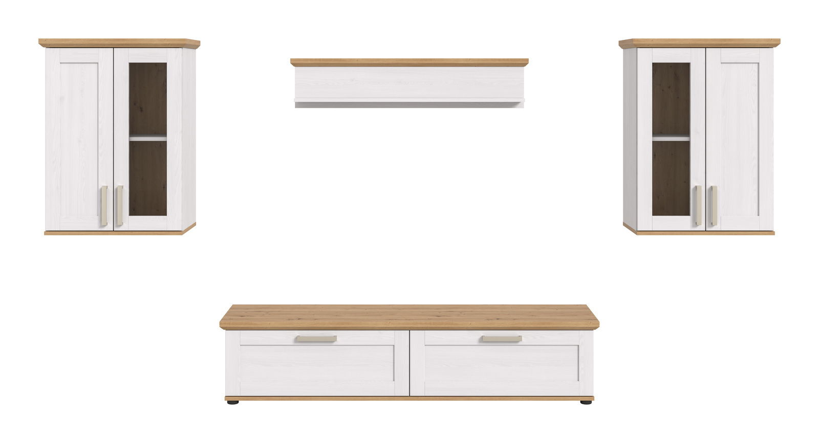 Wohnkombination in Weiß und Holzoptik, bestehend aus zwei Hängeschränken, einem Wandregal und einem TV-Unterschrank, frontal abgebildet.