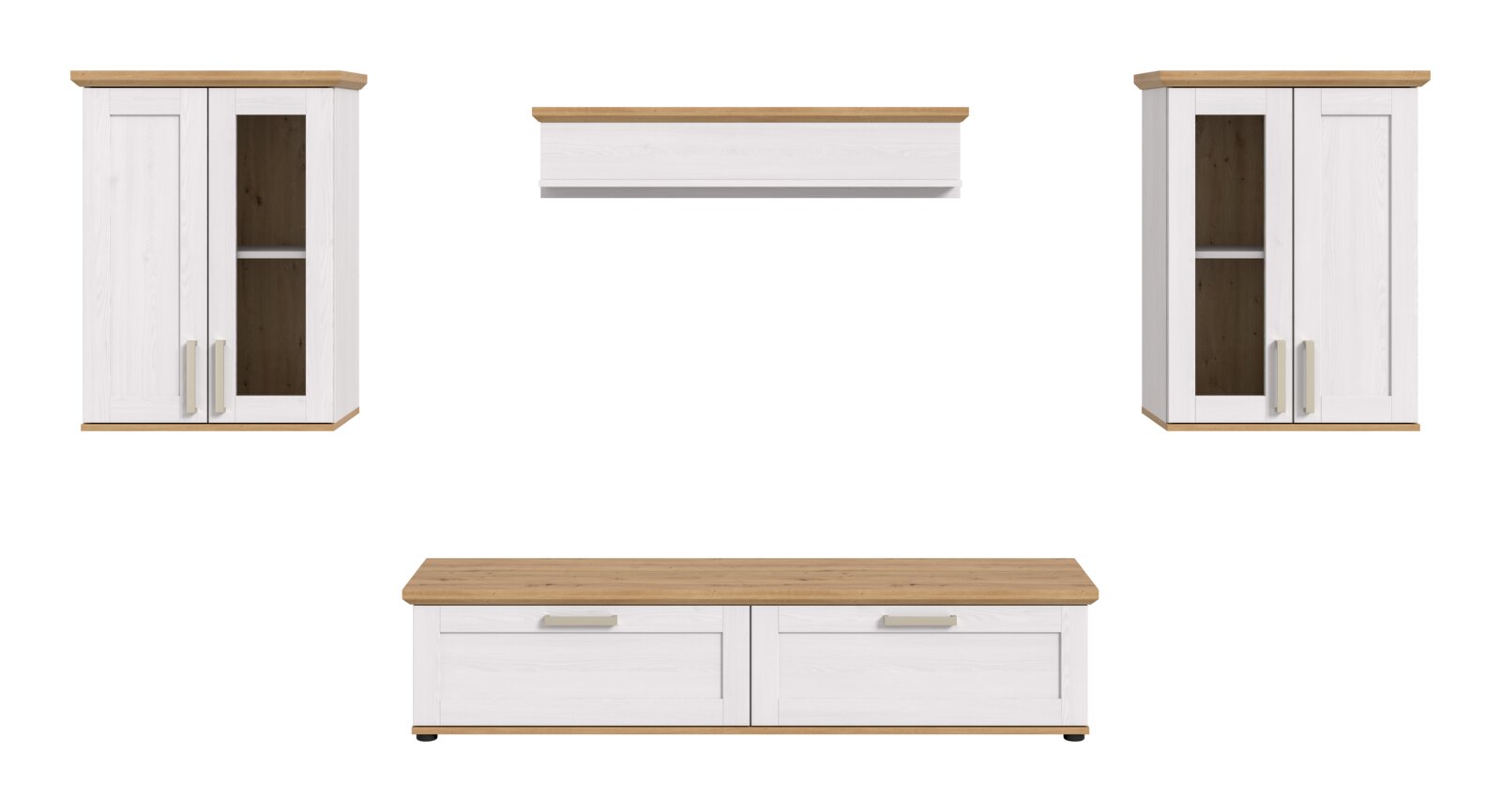 Wohnkombination in Weiß und Holzoptik, bestehend aus zwei Hängeschränken, einem Wandregal und einem TV-Unterschrank, frontal abgebildet.