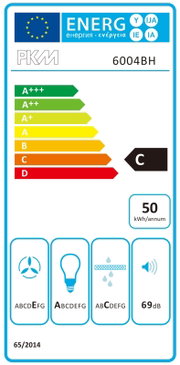 EU-Energielabel für PKM Modell 6004BH in Frontalansicht: Energieeffizienzklasse C, Jahresverbrauch 50 kWh/annum, Geräuschpegel 69 dB, weitere Effizienzsymbole (Lüfter/Beleuchtung/Filter) unten