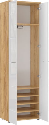Offener Garderobenschrank aus Holz mit weißen Türen, seitliche Perspektive