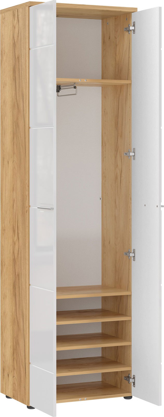 Offener Garderobenschrank aus Holz mit weißen Türen, seitliche Perspektive