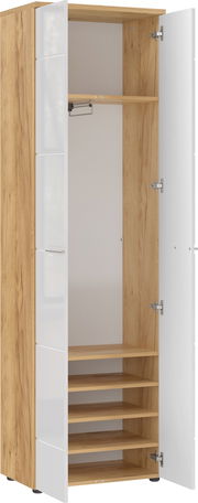 Offener Garderobenschrank aus Holz mit weißen Türen, seitliche Perspektive