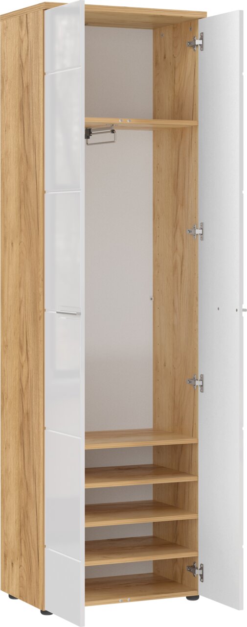 Offener Garderobenschrank aus Holz mit weißen Türen, seitliche Perspektive
