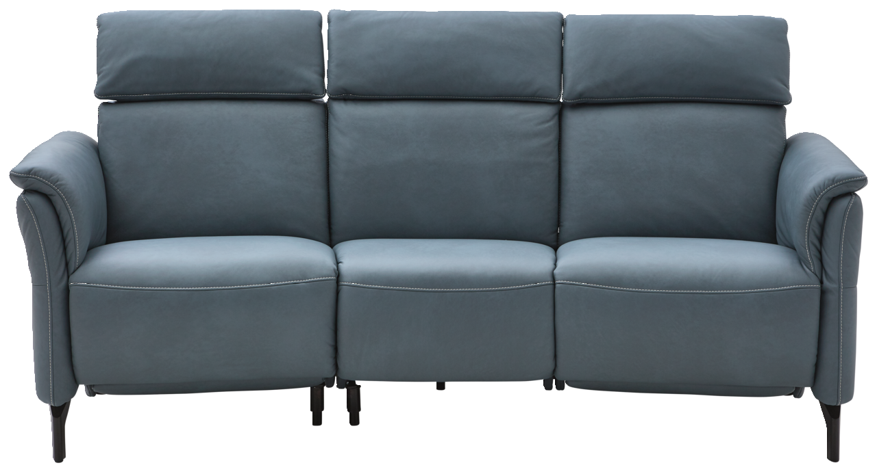Frontale Ansicht eines modernen, blauen 3-Sitzer Rundsofas mit verstellbaren Kopfstützen und eleganten Nähten.