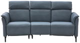 Frontale Ansicht eines modernen, blauen 3-Sitzer Rundsofas mit verstellbaren Kopfstützen und eleganten Nähten.