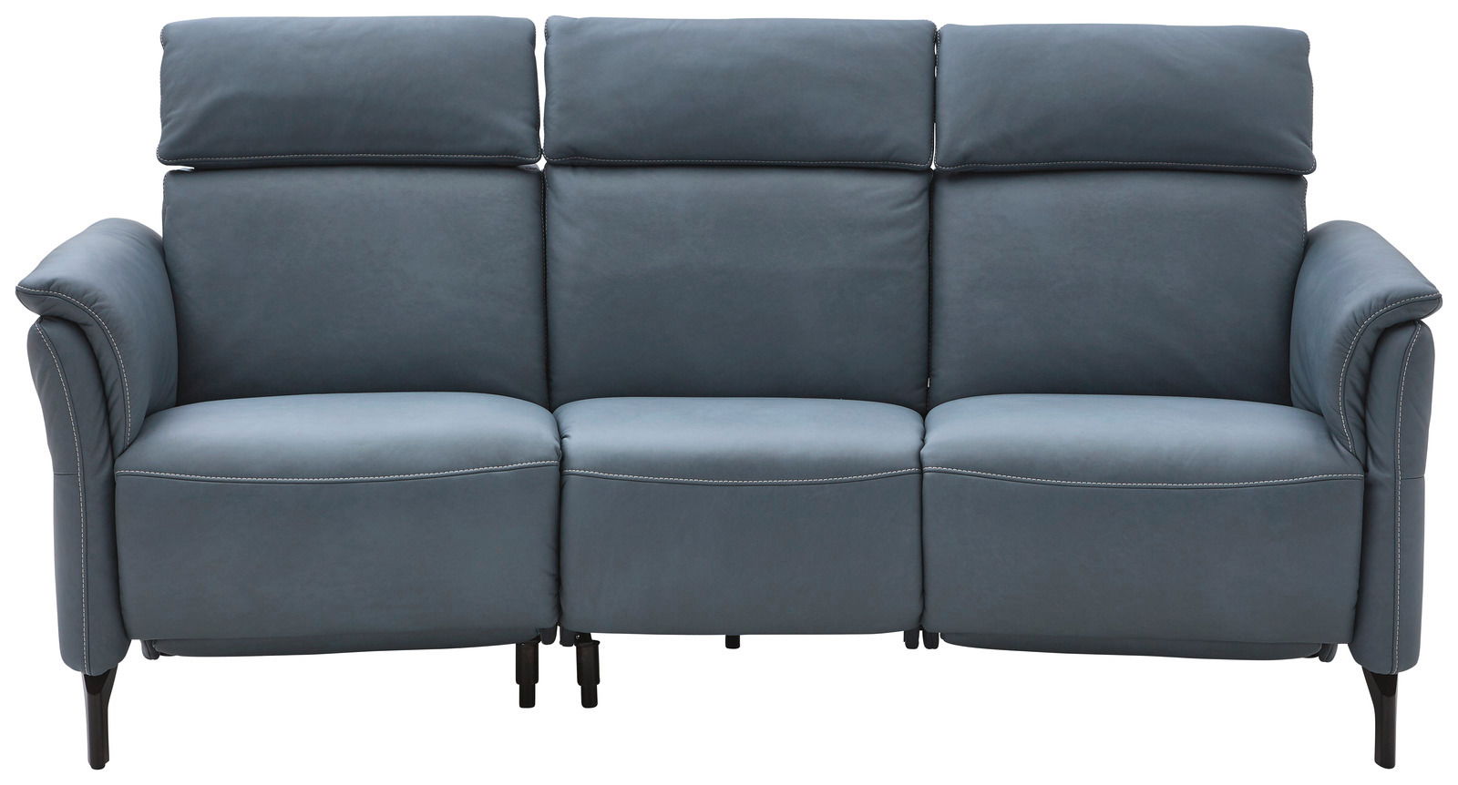 Frontale Ansicht eines modernen, blauen 3-Sitzer Rundsofas mit verstellbaren Kopfstützen und eleganten Nähten.