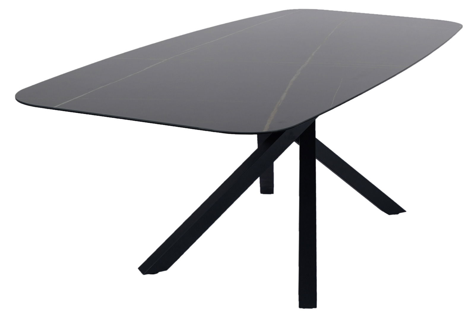 Moderner schwarzer Esstisch mit rechteckiger Tischplatte und schrägen Beinen, seitliche Perspektive