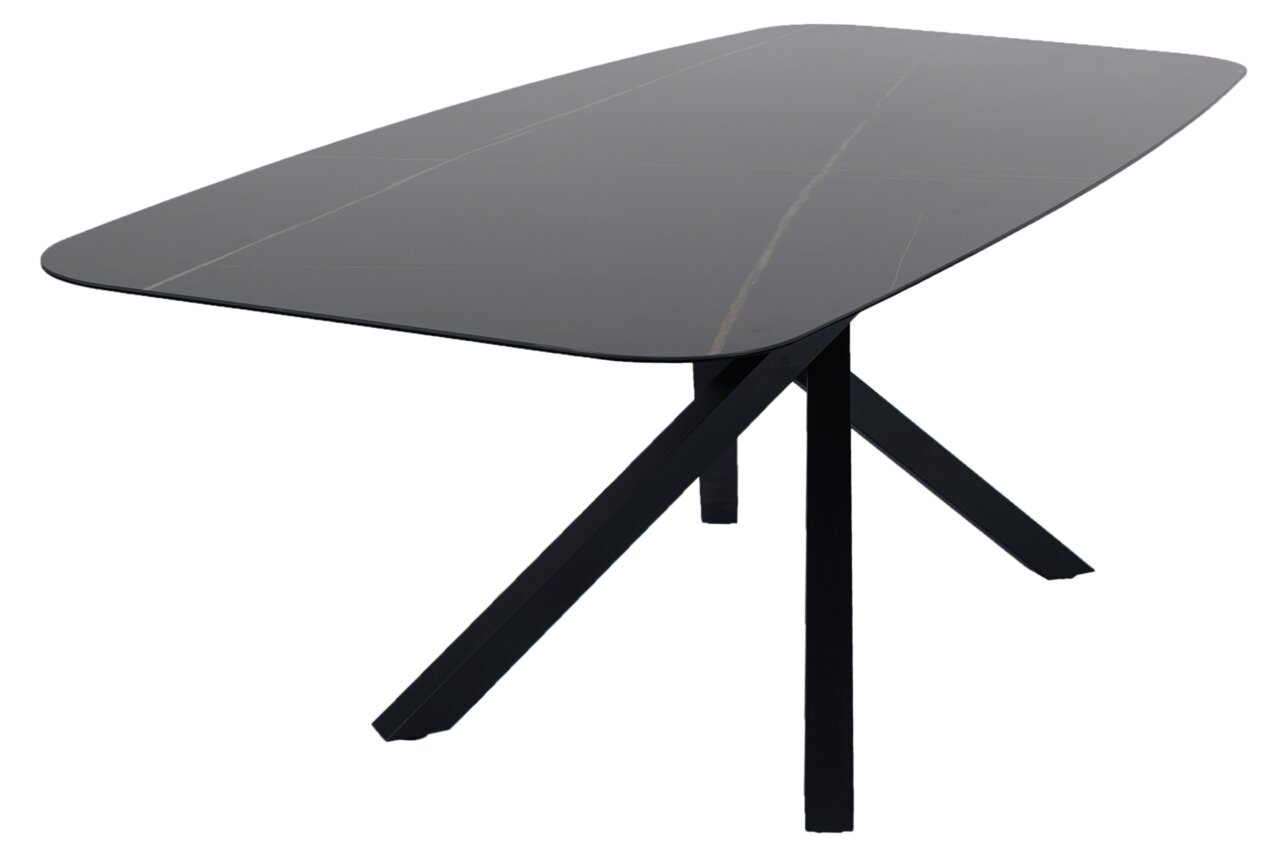 Moderner schwarzer Esstisch mit rechteckiger Tischplatte und schrägen Beinen, seitliche Perspektive