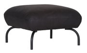 Schwarzer Hocker mit gepolsterter Sitzfläche und gebogenen Metallbeinen, seitliche Perspektive