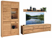 Wandkombination aus Holz mit Vitrine, Regal und TV-Board, frontal betrachtet.