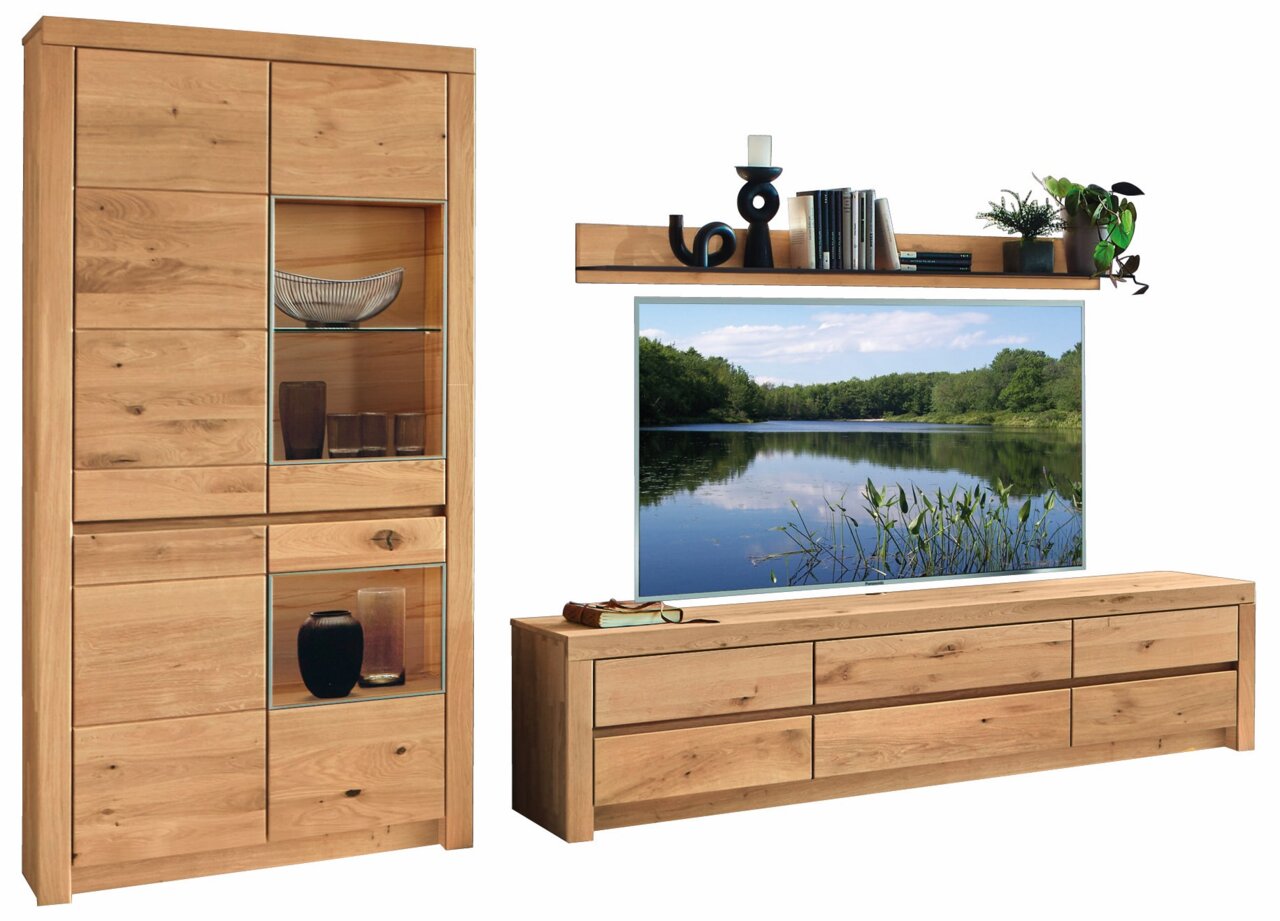 Wöstmann Markenmöbel Wandcombinatie SOLEO 3000 Houten wandmeubel met vitrinekast, plank en tv-meubel, gezien vanaf de voorkant.