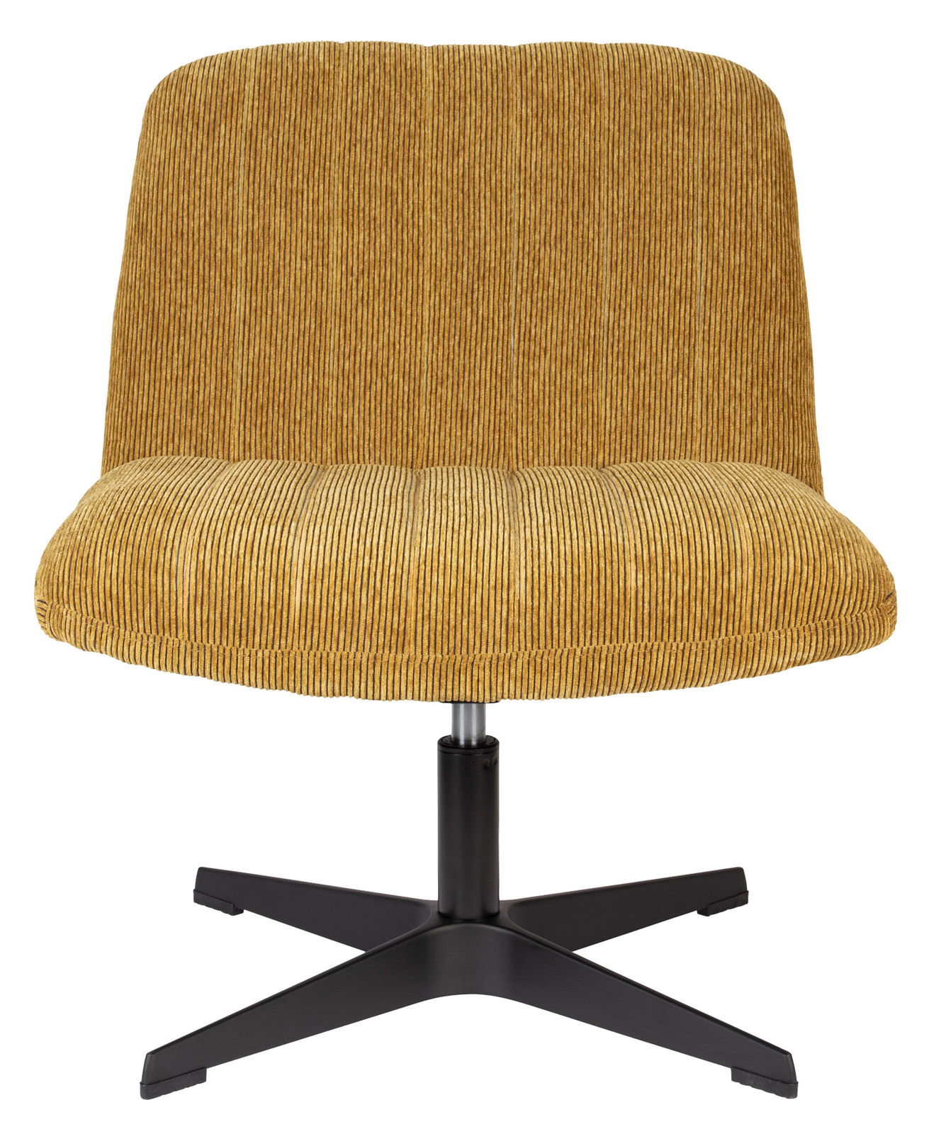 Gelber Sessel mit gestreiftem Stoffbezug und schwarzem Metallfuß, Frontalansicht