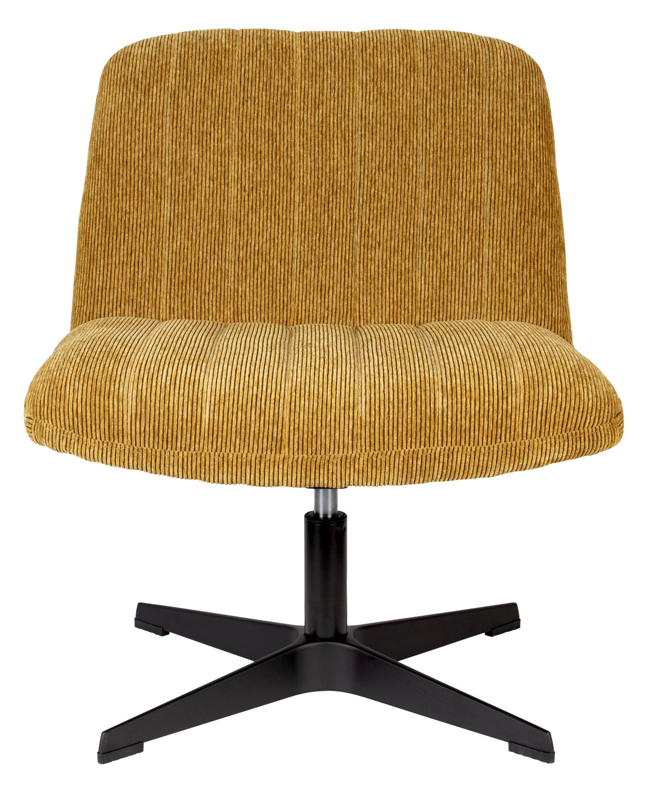 Gelber Sessel mit gestreiftem Stoffbezug und schwarzem Metallfuß, Frontalansicht