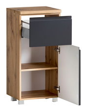 Unterschrank aus Holz mit einer offenen Schublade und einer geöffneten Tür, seitliche Perspektive