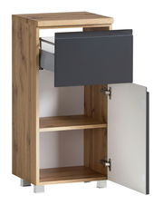 Unterschrank aus Holz mit einer offenen Schublade und einer geöffneten Tür, seitliche Perspektive