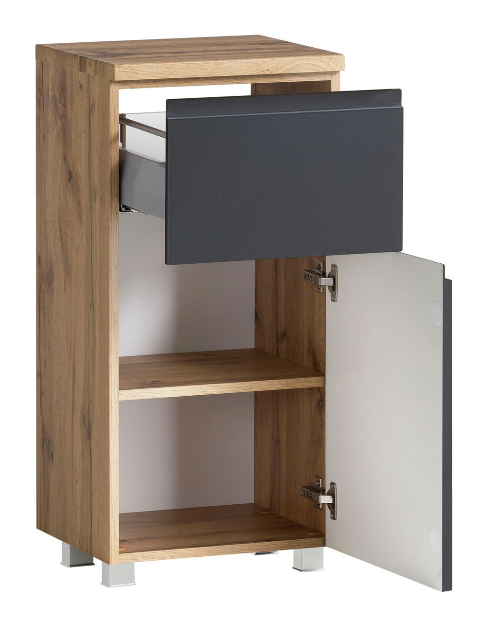 Unterschrank aus Holz mit einer offenen Schublade und einer geöffneten Tür, seitliche Perspektive