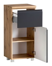 Unterschrank aus Holz mit einer offenen Schublade und einer geöffneten Tür, seitliche Perspektive