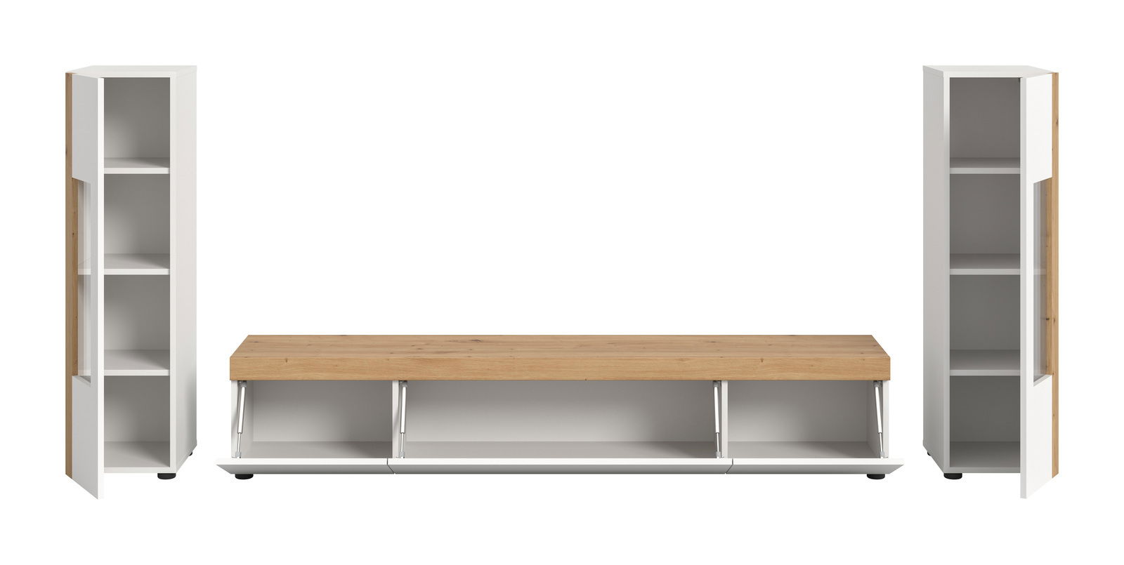 Wohnkombination mit zwei hohen weißen Schränken und einem niedrigen TV-Board in Holzoptik, frontal betrachtet.
